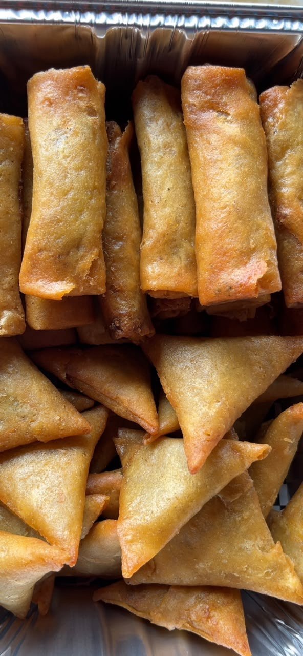 Spring rolls and samosas
